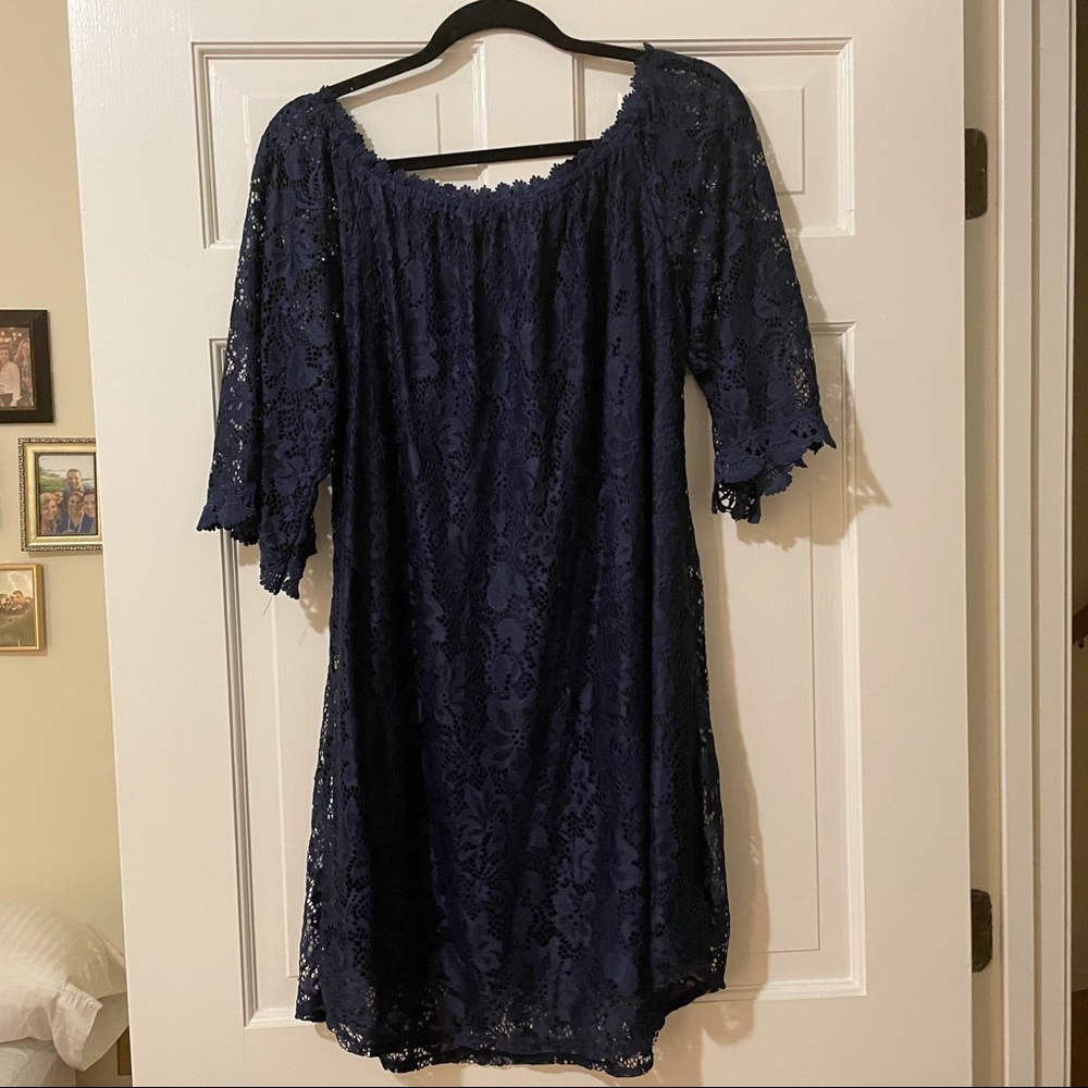 Navy Blue Lace Off the Shoulder Dress